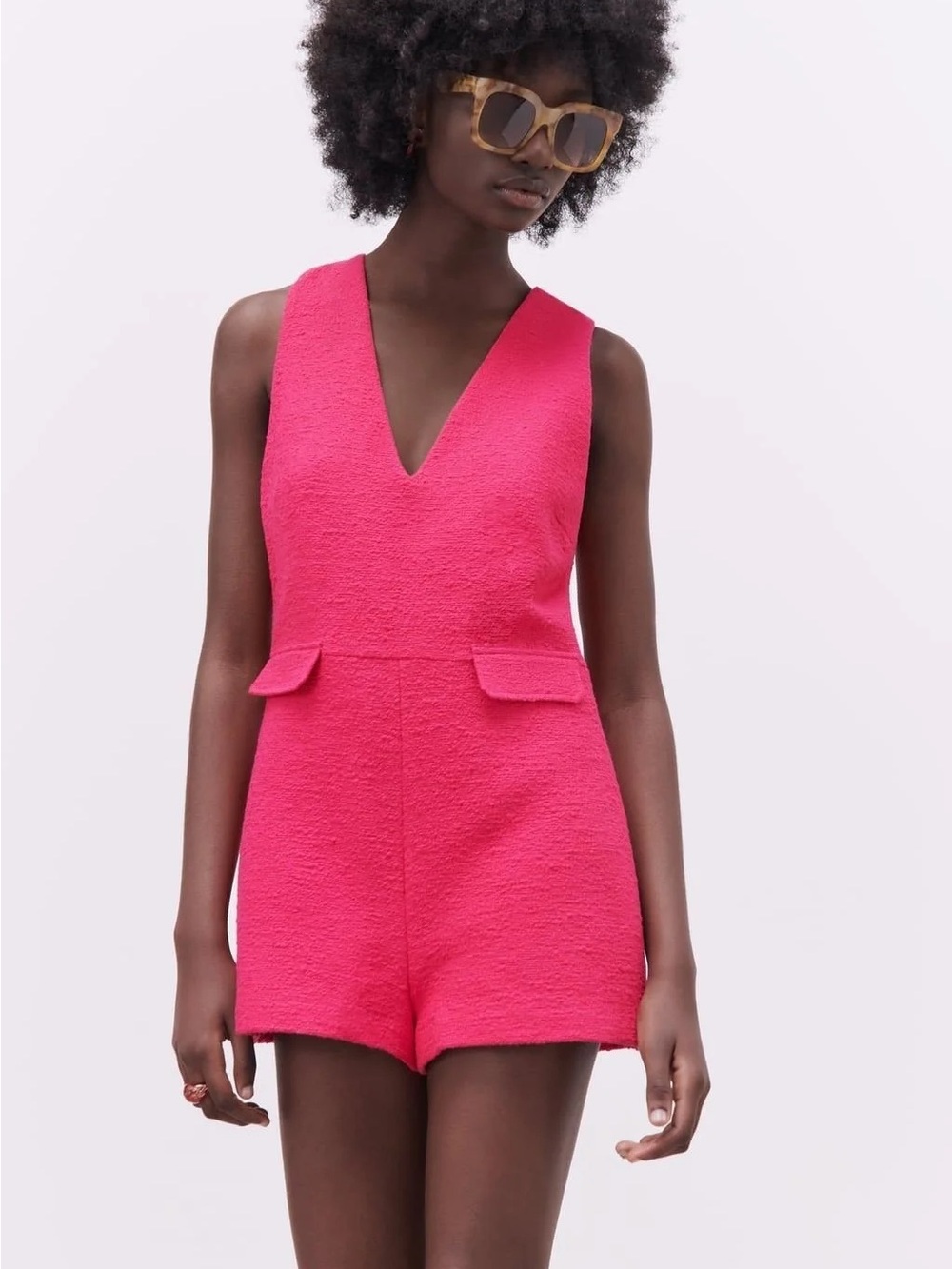 Zara Hot Pink Textured V-Neck Romper